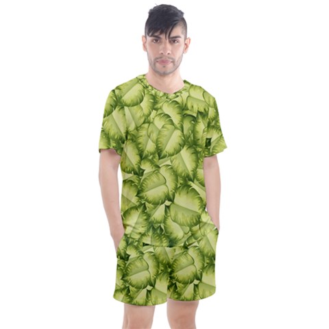 Seamless Pattern With Green Leaves Men s Mesh Tee And Shorts Set by Vaneshart