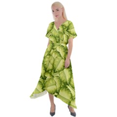 Seamless Pattern With Green Leaves Cross Front Sharkbite Hem Maxi Dress by Vaneshart