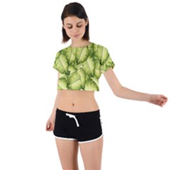 Seamless Pattern With Green Leaves Tie Back Short Sleeve Crop Tee