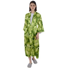 Seamless Pattern With Green Leaves Maxi Satin Kimono