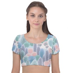 Abstract-seamless-pattern-with-winter-forest-background Velvet Short Sleeve Crop Top  by Vaneshart