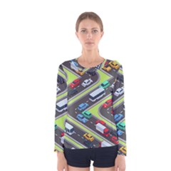 Urban-cars-seamless-texture-isometric-roads-car-traffic-seamless-pattern-with-transport-city-vector- Women s Long Sleeve Tee