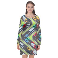 Urban-cars-seamless-texture-isometric-roads-car-traffic-seamless-pattern-with-transport-city-vector- Long Sleeve Chiffon Shift Dress  by Vaneshart