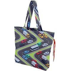 Urban-cars-seamless-texture-isometric-roads-car-traffic-seamless-pattern-with-transport-city-vector- Drawstring Tote Bag by Vaneshart