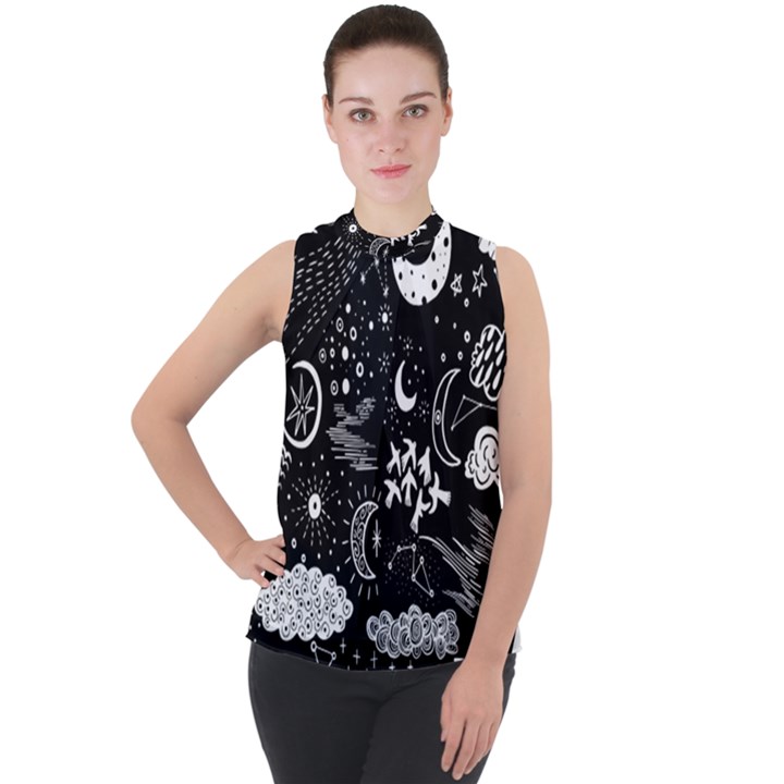 Vector-set-sketch-drawn-with-space Mock Neck Chiffon Sleeveless Top