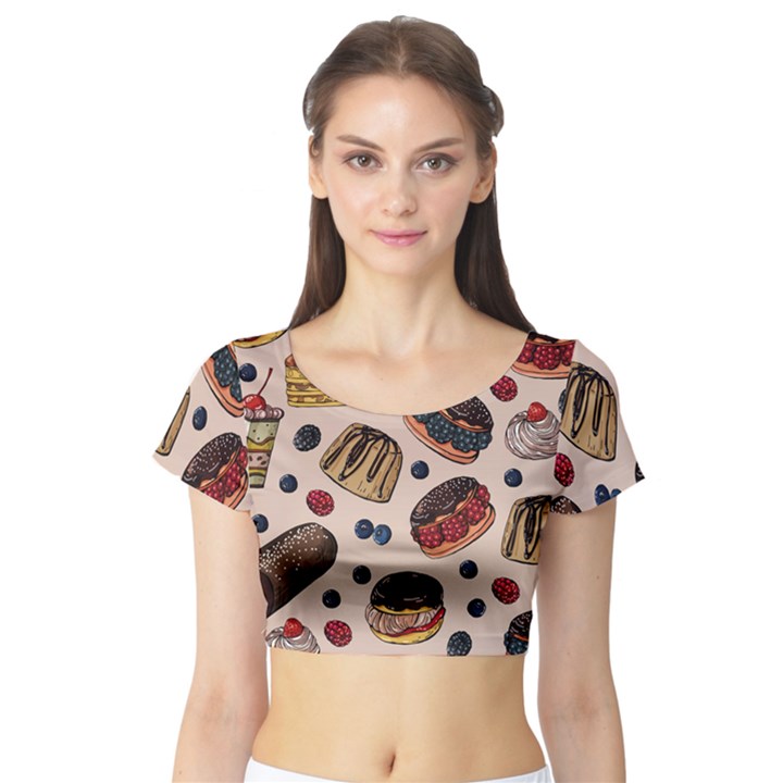 Seamless-pattern-with-sweet-cakes-berries Short Sleeve Crop Top