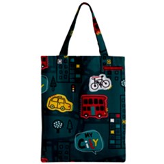 Seamless-pattern-hand-drawn-with-vehicles-buildings-road Zipper Classic Tote Bag by Vaneshart