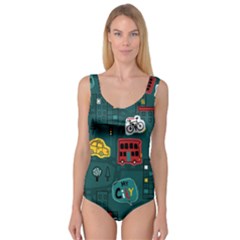 Seamless-pattern-hand-drawn-with-vehicles-buildings-road Princess Tank Leotard 