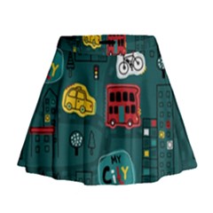 Seamless-pattern-hand-drawn-with-vehicles-buildings-road Mini Flare Skirt by Vaneshart