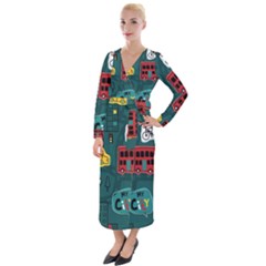 Seamless-pattern-hand-drawn-with-vehicles-buildings-road Velvet Maxi Wrap Dress by Vaneshart