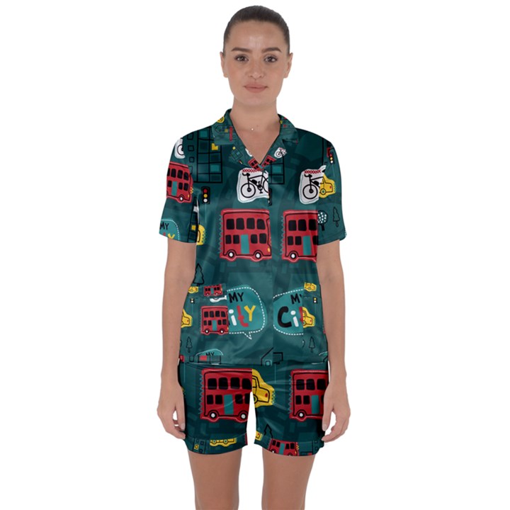 Seamless-pattern-hand-drawn-with-vehicles-buildings-road Satin Short Sleeve Pyjamas Set