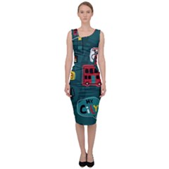 Seamless-pattern-hand-drawn-with-vehicles-buildings-road Sleeveless Pencil Dress by Vaneshart