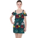 Seamless-pattern-hand-drawn-with-vehicles-buildings-road Ruffle Cut Out Chiffon Playsuit View1