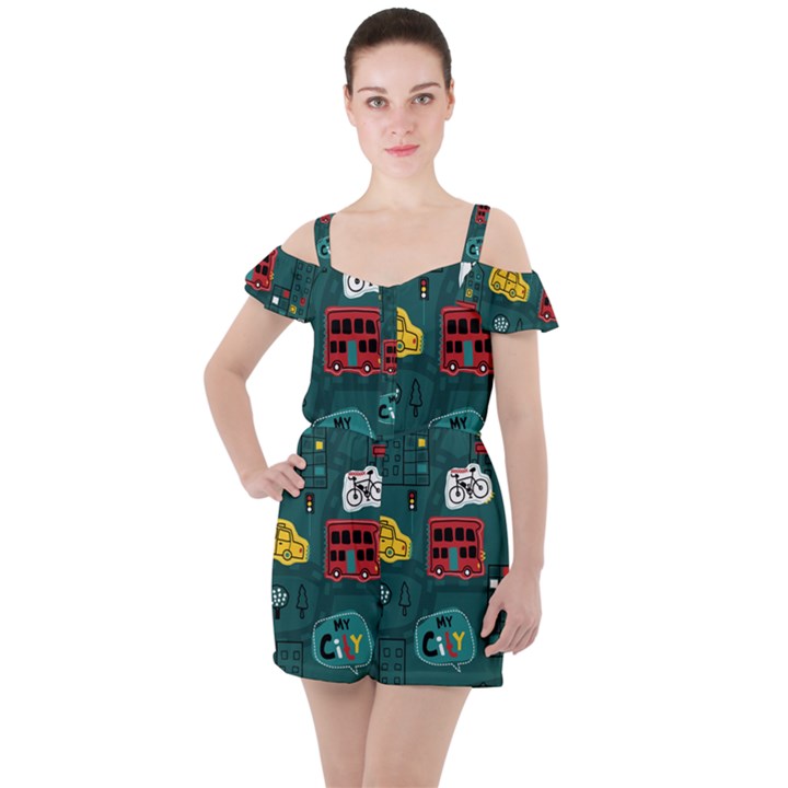 Seamless-pattern-hand-drawn-with-vehicles-buildings-road Ruffle Cut Out Chiffon Playsuit