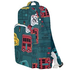 Seamless-pattern-hand-drawn-with-vehicles-buildings-road Double Compartment Backpack by Vaneshart