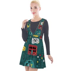 Seamless-pattern-hand-drawn-with-vehicles-buildings-road Plunge Pinafore Velour Dress