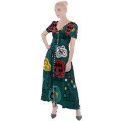 Seamless-pattern-hand-drawn-with-vehicles-buildings-road Button Up Short Sleeve Maxi Dress