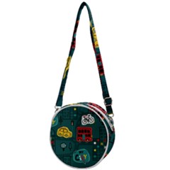 Seamless-pattern-hand-drawn-with-vehicles-buildings-road Crossbody Circle Bag