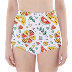 Seamless-hipster-pattern-with-watermelons-mint-geometric-figures High-waisted Bikini Bottoms by Vaneshart