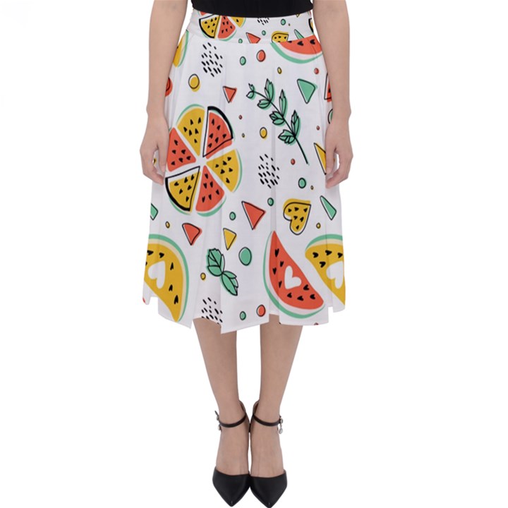 Seamless-hipster-pattern-with-watermelons-mint-geometric-figures Classic Midi Skirt