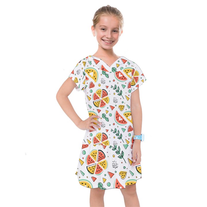 Seamless-hipster-pattern-with-watermelons-mint-geometric-figures Kids  Drop Waist Dress