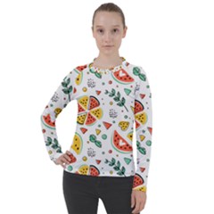 Seamless-hipster-pattern-with-watermelons-mint-geometric-figures Women s Pique Long Sleeve Tee