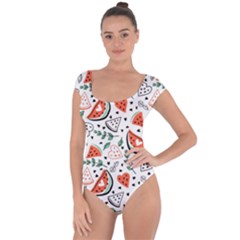 Seamless-vector-pattern-with-watermelons-mint Short Sleeve Leotard 