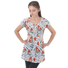 Seamless-vector-pattern-with-watermelons-mint Puff Sleeve Tunic Top by Vaneshart