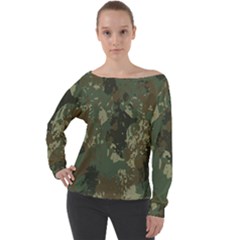 Camouflage-splatters-background Off Shoulder Long Sleeve Velour Top