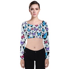 Decorative-festive-trendy-colorful-butterflies-seamless-pattern-vector-illustration Velvet Long Sleeve Crop Top by Vaneshart