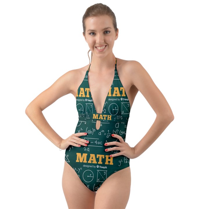 Realistic-math-chalkboard-background Halter Cut-Out One Piece Swimsuit