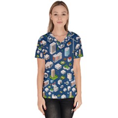 Isometric-seamless-pattern-megapolis Women s V-neck Scrub Top by Vaneshart