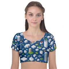 Isometric-seamless-pattern-megapolis Velvet Short Sleeve Crop Top  by Vaneshart