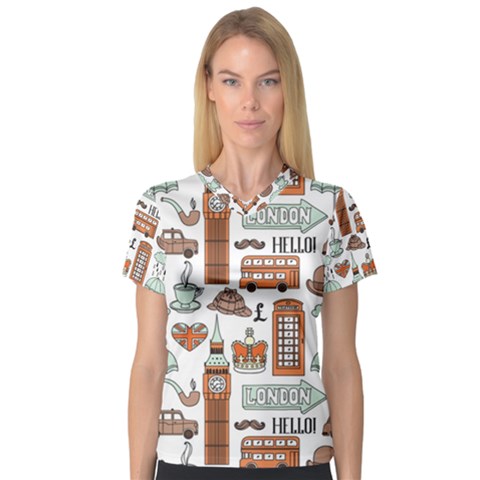 Seamless-pattern-with-london-elements-landmarks V-neck Sport Mesh Tee by Vaneshart