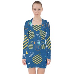 Flat-design-geometric-shapes-background V-neck Bodycon Long Sleeve Dress by Vaneshart