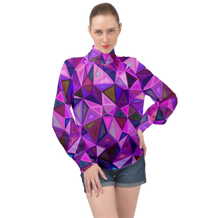 Triangular-shapes-background High Neck Long Sleeve Chiffon Top