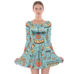 Seamless-pattern-musical-instruments-notes-headphones-player Long Sleeve Skater Dress