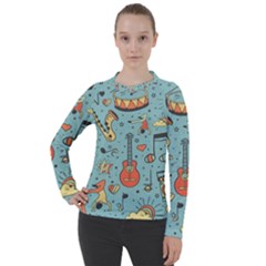 Seamless-pattern-musical-instruments-notes-headphones-player Women s Pique Long Sleeve Tee