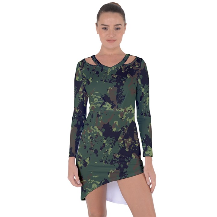 Military background grunge Asymmetric Cut-Out Shift Dress