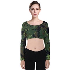 Military Background Grunge Velvet Long Sleeve Crop Top by Vaneshart