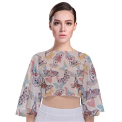 Pattern-with-hand-drawn-butterflies Tie Back Butterfly Sleeve Chiffon Top