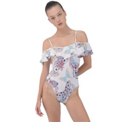 Pattern-with-hand-drawn-butterflies Frill Detail One Piece Swimsuit by Vaneshart