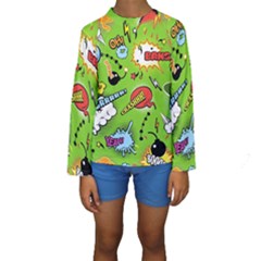 Modern-comics-background-pattern-with-bombs-lightening-jagged-clouds-speech-bubbles Kids  Long Sleeve Swimwear by Vaneshart