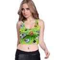 Modern-comics-background-pattern-with-bombs-lightening-jagged-clouds-speech-bubbles Racer Back Crop Top View1