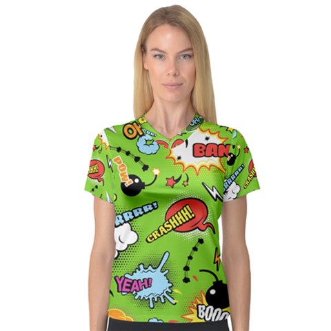 Modern-comics-background-pattern-with-bombs-lightening-jagged-clouds-speech-bubbles V-neck Sport Mesh Tee by Vaneshart