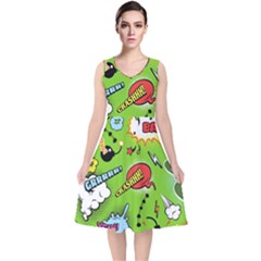 Modern-comics-background-pattern-with-bombs-lightening-jagged-clouds-speech-bubbles V-neck Midi Sleeveless Dress  by Vaneshart