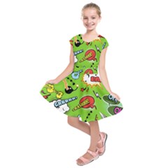 Modern-comics-background-pattern-with-bombs-lightening-jagged-clouds-speech-bubbles Kids  Short Sleeve Dress by Vaneshart