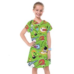 Modern-comics-background-pattern-with-bombs-lightening-jagged-clouds-speech-bubbles Kids  Drop Waist Dress by Vaneshart