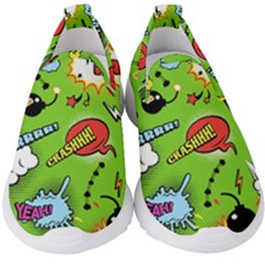 Modern-comics-background-pattern-with-bombs-lightening-jagged-clouds-speech-bubbles Kids  Slip On Sneakers by Vaneshart