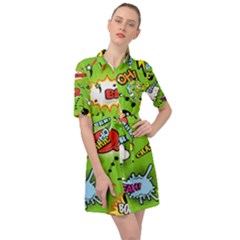 Modern-comics-background-pattern-with-bombs-lightening-jagged-clouds-speech-bubbles Belted Shirt Dress by Vaneshart